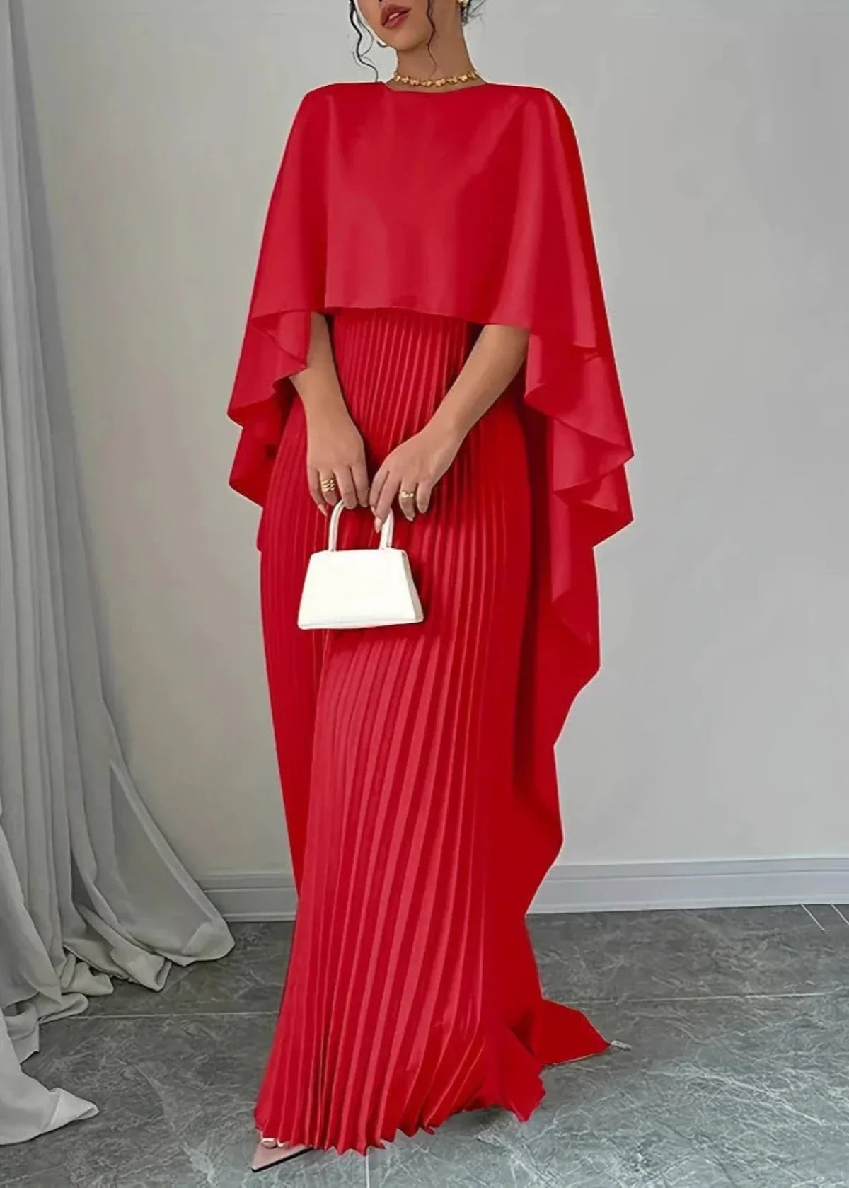 Amelia | Women’s Pleated Cape Overlay Maxi Dress